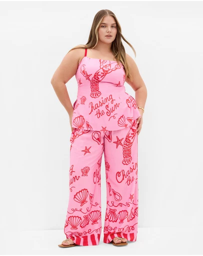 City Chic - Plus size Sun Chaser Print Wide Leg Pant - pink