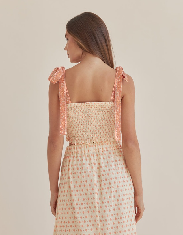 Amelius - Peach Paisley Shirred Crop Top