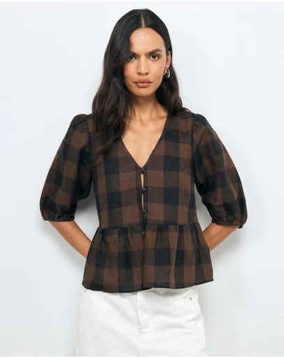AERE - Inka Linen Gingham Top