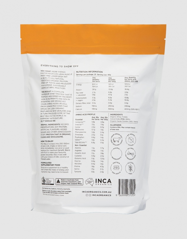 Inca Organics - Certified Organic Whey Protein Powder - Raw Cacao
