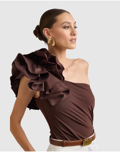 Honey and Beau - Lorena One Shoulder Ruffle Bodysuit