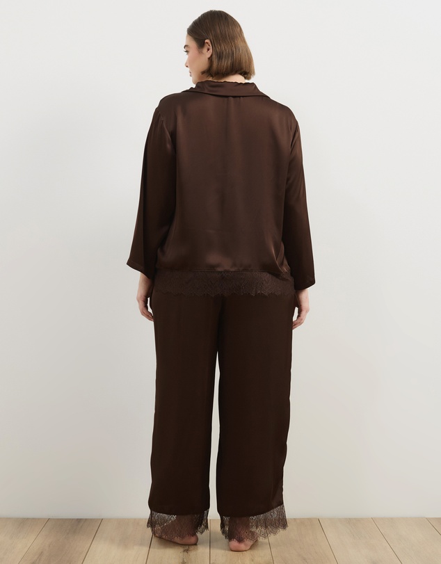 Atmos&Here Curvy - Pearl Lace Trim Long Sleeve Satin Pyjama Set