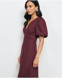 AERE - Lori Puff Sleeve Linen Midi Dress