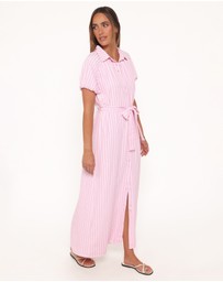Petal & Pup - James Button Through Maxi Dress - Pink Stripe