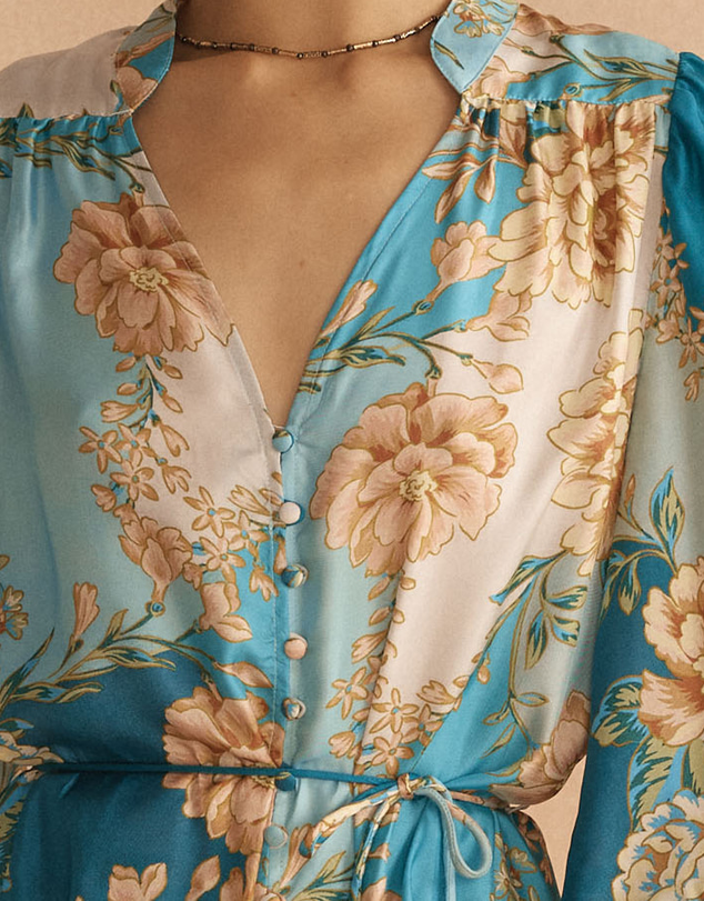 AUR OCEA - Silk Blousson Frill Midi Dress