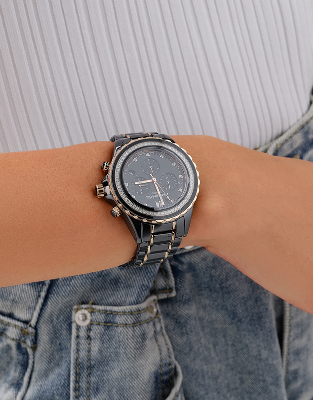 Michael Hill - Chronograph Watch with 0.50 Carat TW of Diamonds in Black Ceramic & Rose Tone Stainless Steel