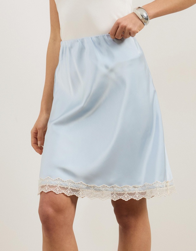 Atmos&Here - Lauren Satin Bias Knee Length Skirt With Lace Hem