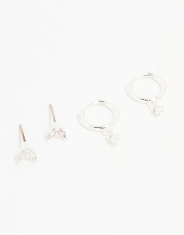 Lovisa - Silver Plated Brass Diamante Baguette Flower Hoop & Stud Earrings 4-Pack