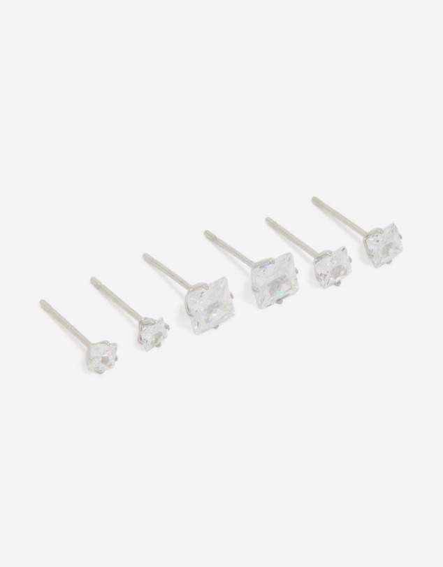 Lovisa - Waterproof Stainless Steel Cubic Zirconia Square Stud Earrings 3-Pack