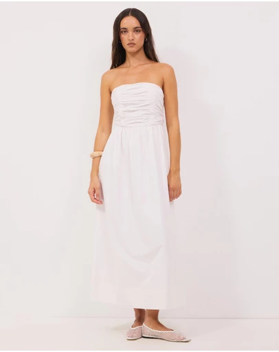Calli - Strapless Gathered Midi Dress