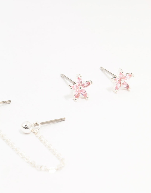 Lovisa - Silver Plated Brass Heart Flower Chain Earrings 3-Pack