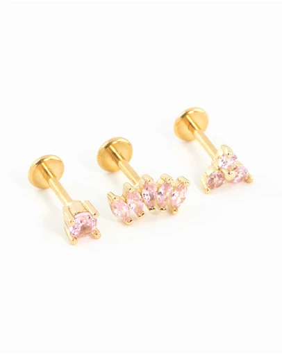Lovisa - Gold Plated Surgical Steel Pink Cubic Zirconia Flower & Fan Flat Backs 3-Pack