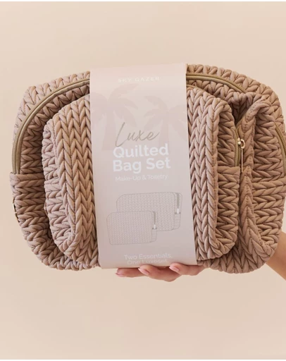 Sky Gazer - Luxe Quilted Make-Up & Toiletry Bag Set (Dark Beige)