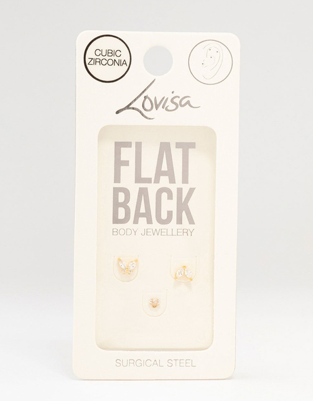 Lovisa - Gold Plated Surgical Steel Butterfly & Marquise Flat Back 3-Pack