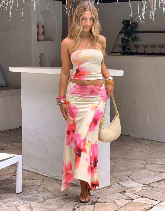 Beginning Boutique - Alora Yellow and Pink Floral Print Hanky Hem Maxi Skirt
