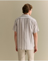 Trenery - Regular Fit Linen Tonal Stripe Short Sleeve Shirt in Flax