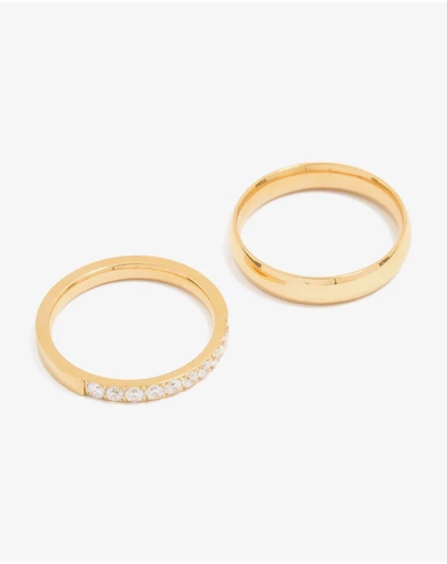 Lovisa - Waterproof Gold Plated Stainless Steel Diamante & Smooth Rings 2- Pack
