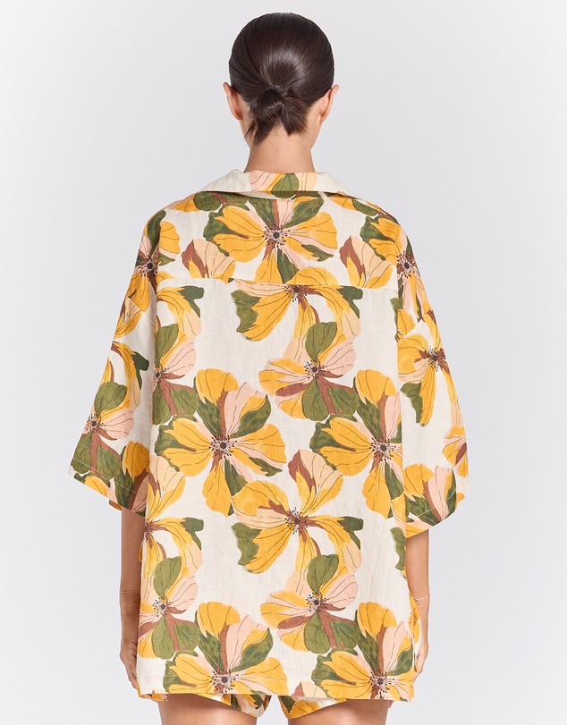 Poolside Paradiso - Tropics 100% Linen Resort Over Shirt - Marigold