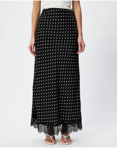 Tussah - Cara Polka Dot Satin Lace Trim Maxi Skirt
