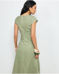 AERE - Lucia Ruched Linen Midi Dress