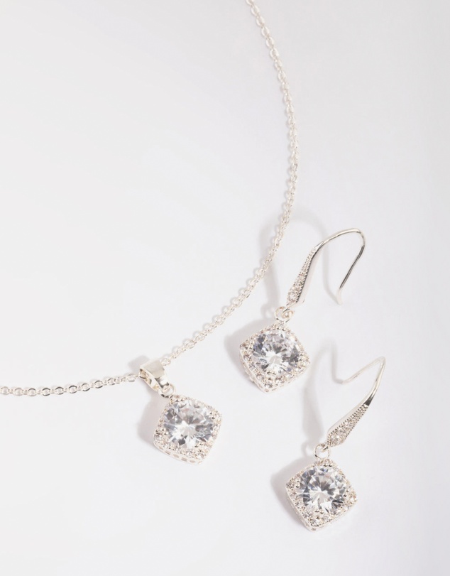 Lovisa - Silver Square Cut Cubic Zirconia Necklace & Earrings Set