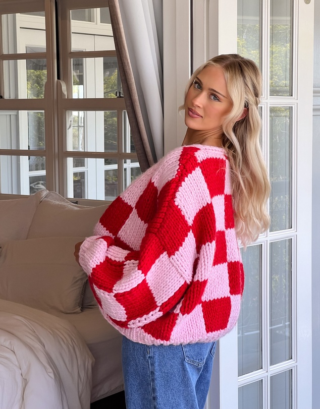Beginning Boutique - Envi Pink And Red Checkered Knit Cardigan