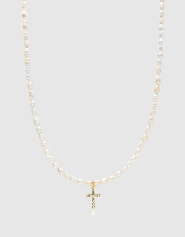 Nialaya Jewellery - Mini Pearl Choker with Cross