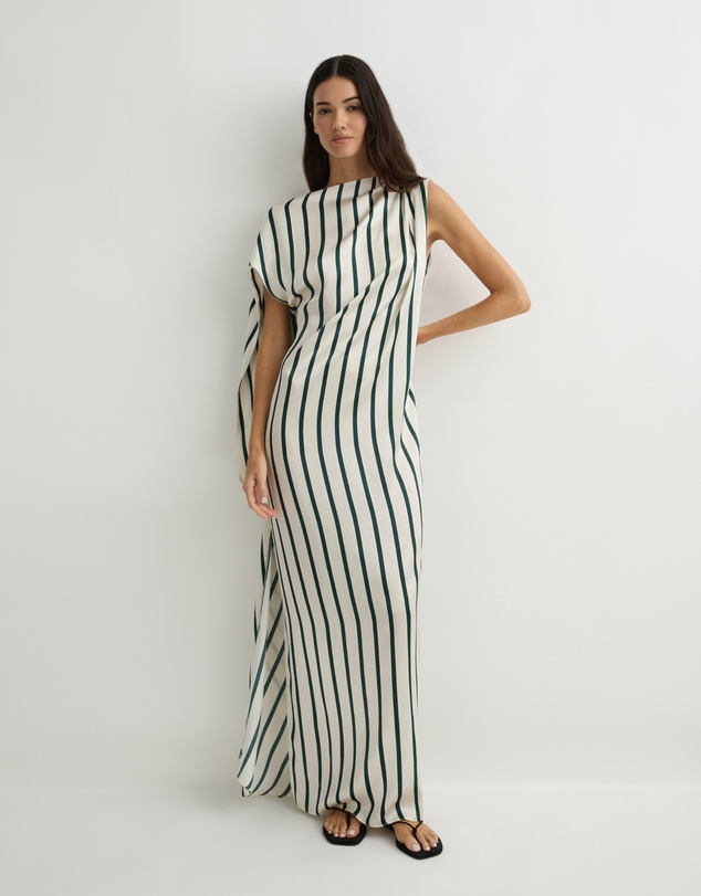BONDI BORN - Cannes Silk Asymmetric Maxi Dress - Forest Stripe