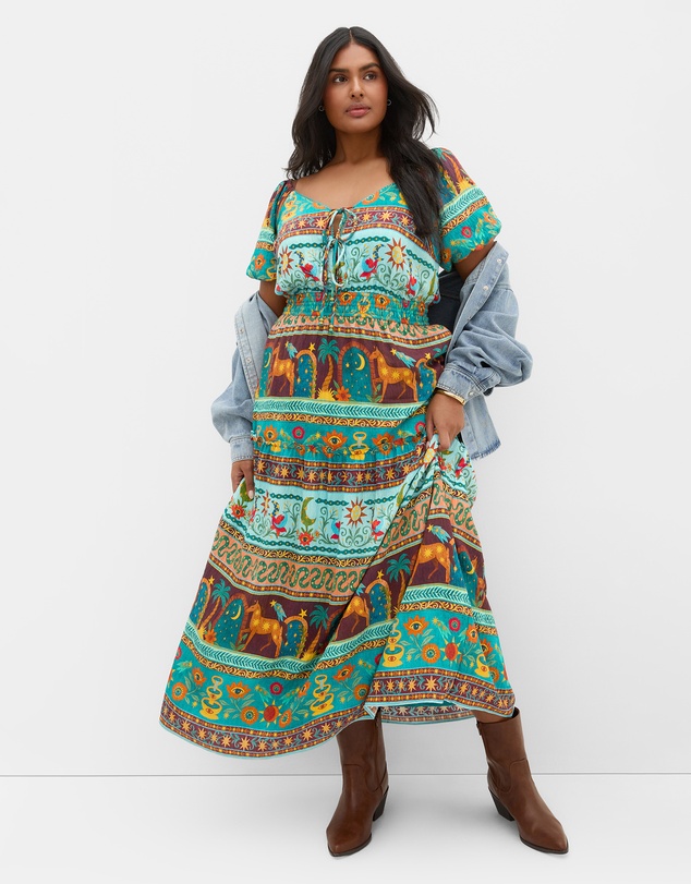 City Chic - Plus size Amaria Print Tie Front Maxi Dress - alpine green