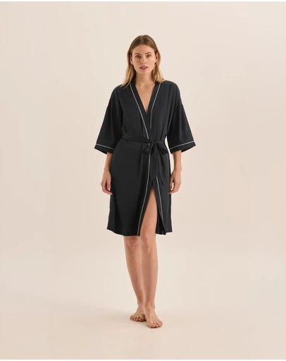 Gingerlilly - Lacey Navy Satin Robe
