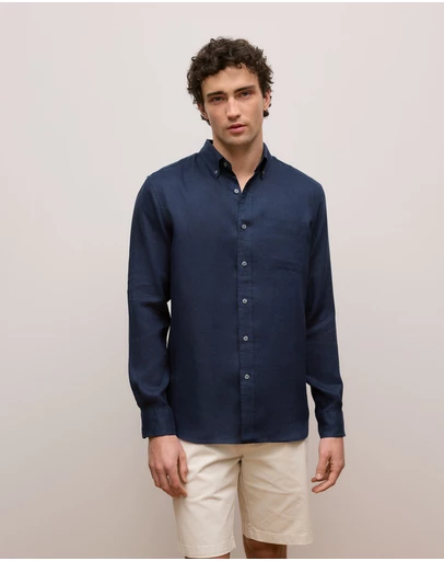 Trenery - Regular Fit Linen Classic Long Sleeve Shirt in Navy