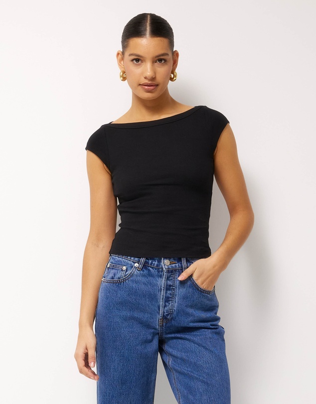 AERE - Boat Neck Cap Sleeve T-Shirt