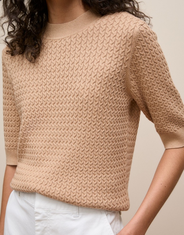 Trenery - Cotton Cashmere Cable Mock Neck Knit in Camel