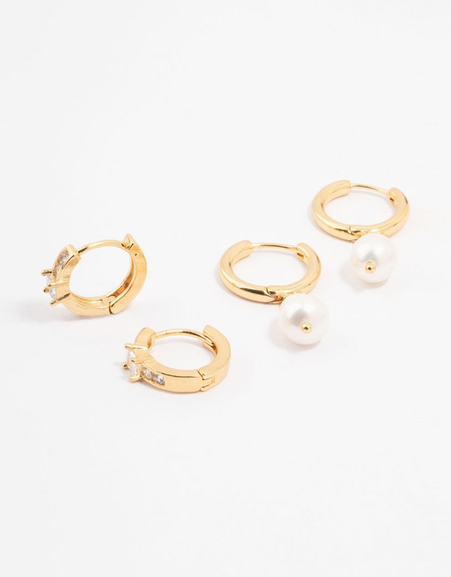 Lovisa - Gold Plated Cubic Zirconia & Freshwater Pearl Huggie Earrings 2-Pack