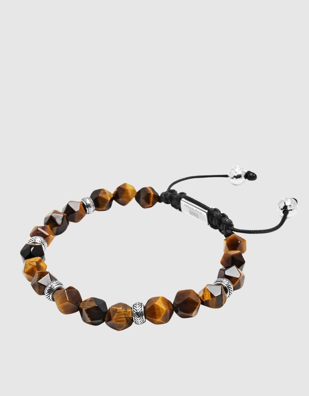 Nialaya Jewellery - Men's Sterling Silver Faceted Beaded Bracelet with Brown Tiger Eye