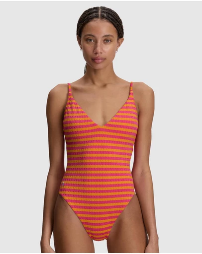 Polo Ralph Lauren - Stripe Cable-Motif V Neck One-Piece Swimsuit