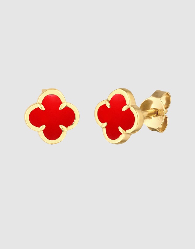 Elli Jewelry - Red Enamel Cloverleaf Stud Earrings in Gold-Plated 925 Silver