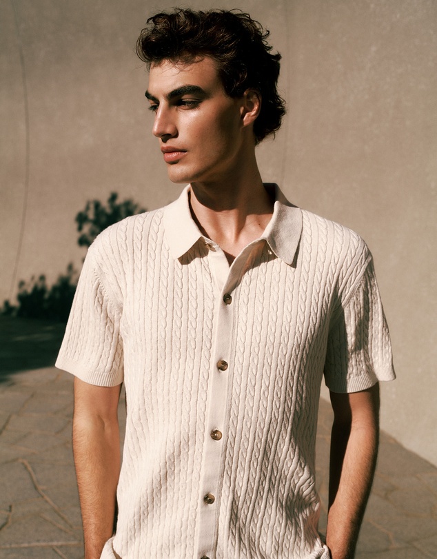 Trenery - Cotton Cable Short Sleeve Shirt in Stone