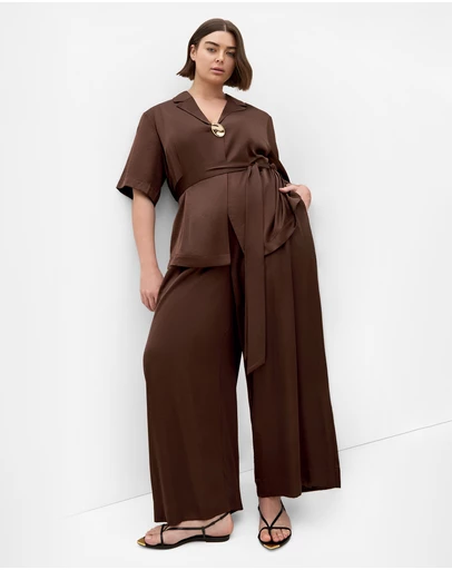 City Chic - Plus size Helena Wide Leg Satin Pant - chocolate