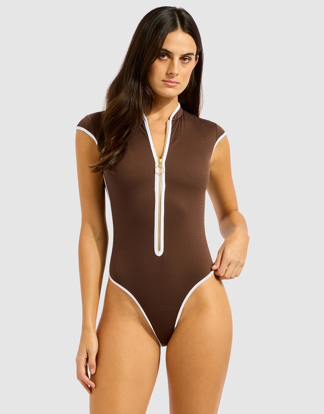 Seafolly - Beach Bound Cap Sleeve Zip Front One Piece Swimsuit