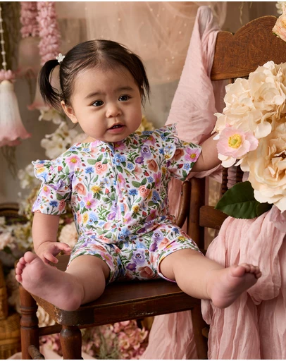 Fleur Harris - 'Heirloom Treasures' Precious Shorty Frill Coverall in Snow Floral