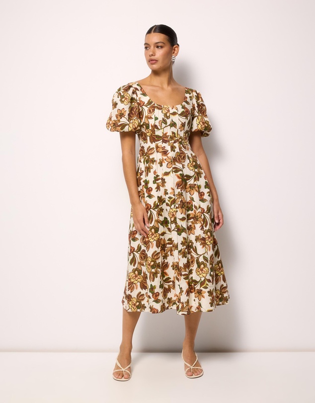 smocked midi dresses for women Selry Smocked Midi Dress Palms Eyelet Curve GREEN / 2X by Sugarlips