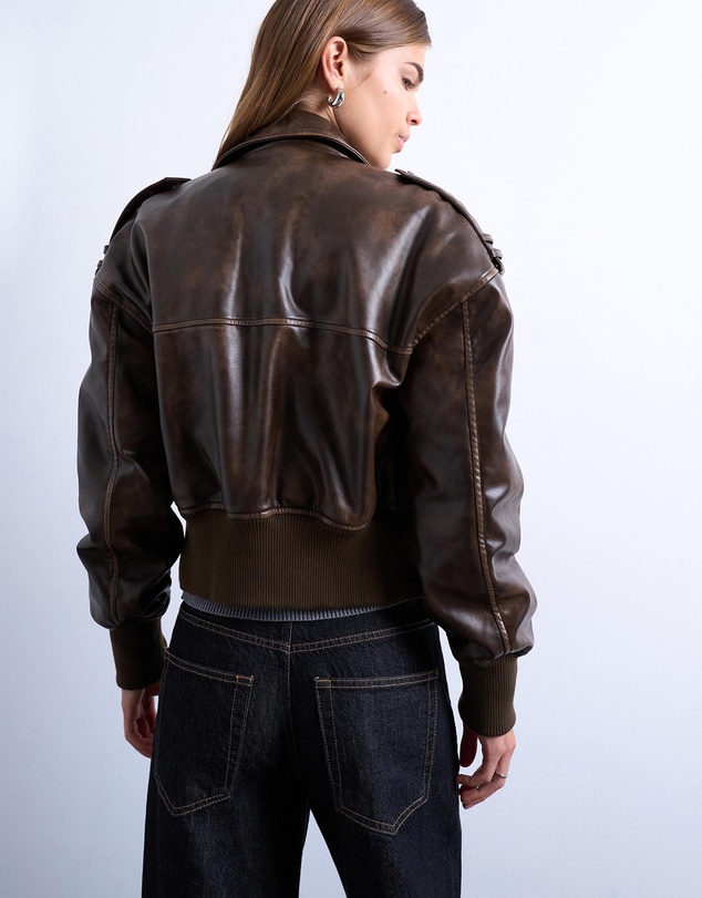 TOPSHOP - Faux Leather Ovoid Sleeve Bomber Jacket
