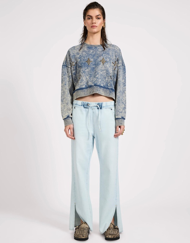 ONE TEASPOON - Fleece Cropped Star Studded Sweater - Acid Wash Blue