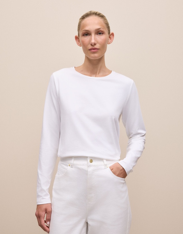 Trenery - Cotton Long Sleeve Crew T-shirt in White