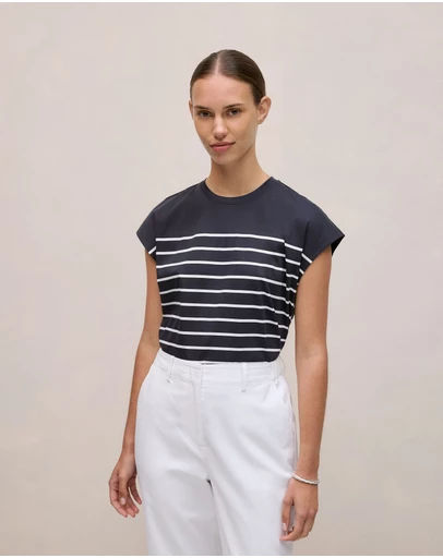 Trenery - Breton Stripe Cap Sleeve T-shirt in Night Sky