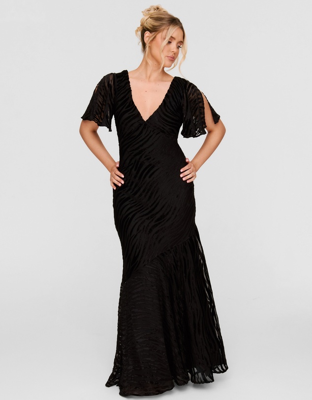 Six Stories - Animal Devore Flutter Sleeve Maxi Dress