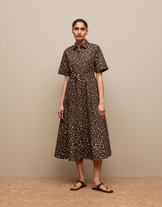 Trenery - Leopard Poplin Belted Dress in Bitter Chocolate