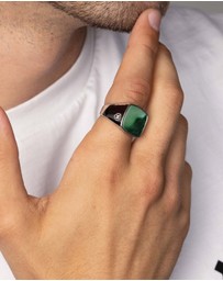 Nialaya Jewellery - Men's Silver Signet Ring with Green Jade