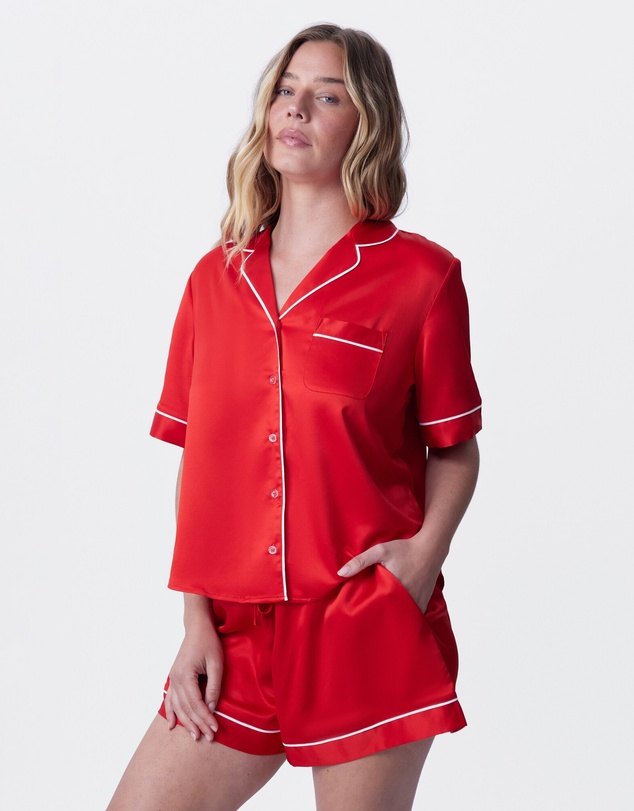 Bras N Things - Liquid Satin Short Sleeve - Red